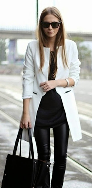 White Coat,Black Tights And Handbag With Shade