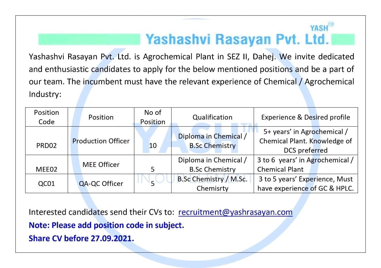 Job Availables,Yashasvi Rasayan Pvt Ltd Job Vacancy For Diploma Chemical/ Bsc/ Msc Chemistry - 20 Vacancy