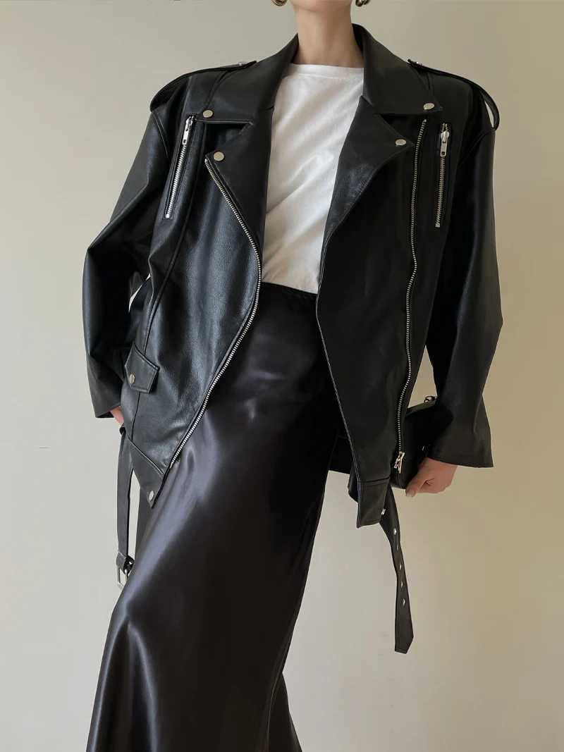 woman in leather jacket