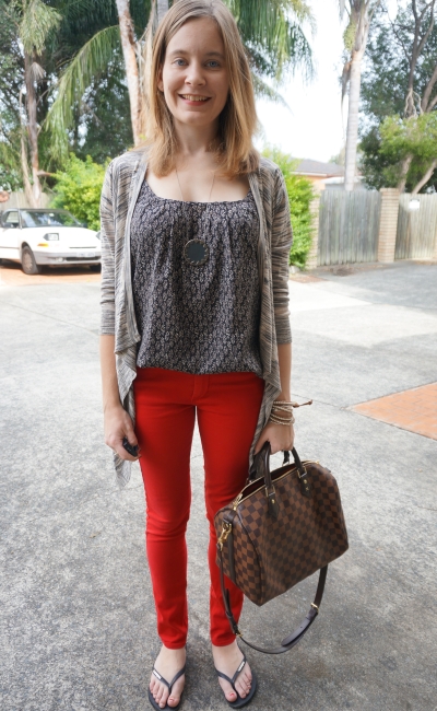 print mixing cami marle cardigan red skinny jeans brisbane casual autmn outfit