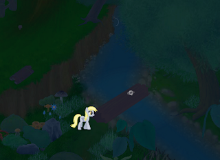 Another screenshot of Derpy's Story, featuring the titular character crossing a stream.