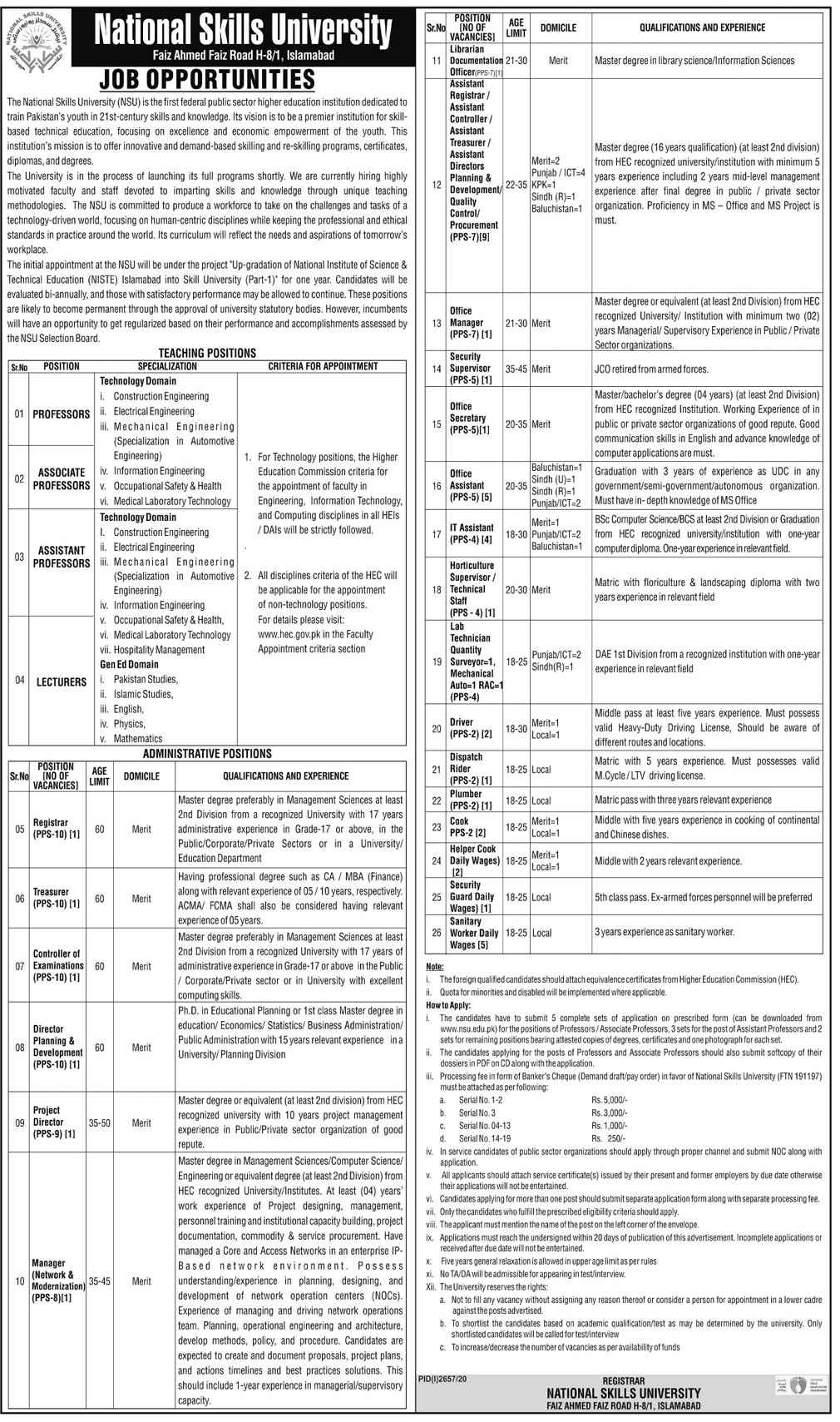 National Skills University NSU Jobs 2020 for Assistant Controller, Assistant Treasurer, Office Assistant, IT Assistant