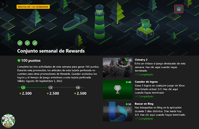 Conjunto semanal de Rewards: 100 puntos (123 Semanas completadas)