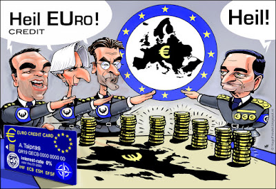 cartoon Democracy or EUrocracy? Heil ECB eurocreditcard Tsipras Legarde Dijsselbloem Draghi