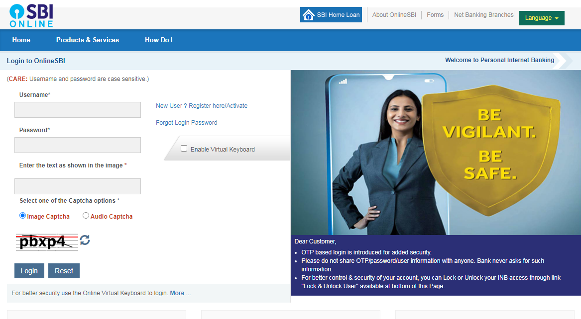 sbi netbanking login panel