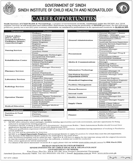 Latest Government jobs In Sindh Institute of Child Health & Neonatology SICHN