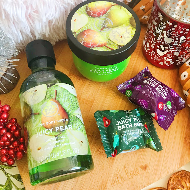 The Body Shop Pear range - shower gel, bath bomb and body yoghurt