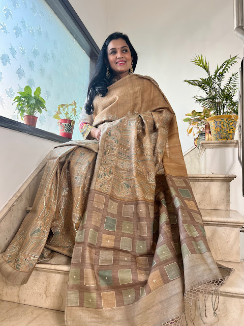 Pure Tussar hand embroidered aari work saree