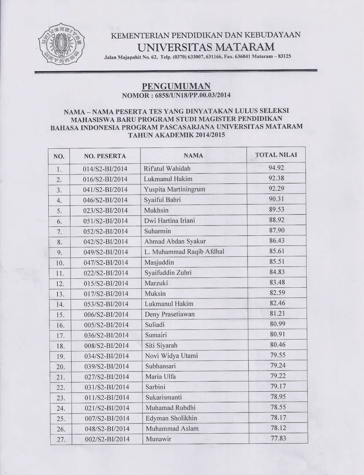 Pengumuman Lulus Mahasiswa Baru Program Studi Magister Ilmu Hukum TA 2014 2015