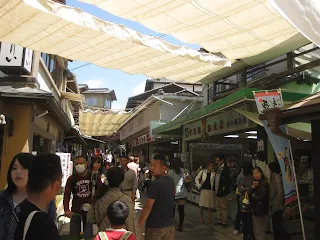 Large crowd of people on a path between shop stalls in Miyajima
