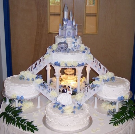 Multitiered Cinderella Castle Wedding Cake in soft metallic blue