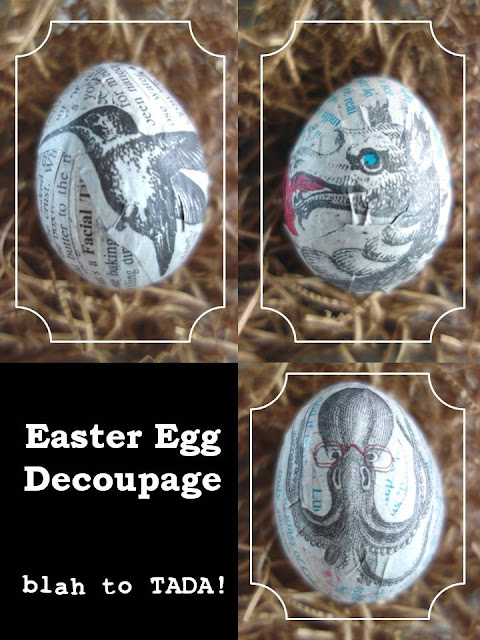 eggs, Easter Eggs, Easter crafts, Easter Egg decorating ideas, Easter Egg decoupage, blah to TADA, crafts, Happy Easter, Mod Podge, glue, Trader Joe's Fearless Flyer, scissors, paper strips, hummingbird, bird clip art