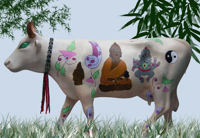 cow, decorated with Buddha, Ganesh and more