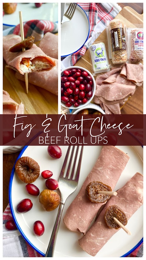 A collage of photos showing Fig & Goat Cheese Beef Roll Ups on a wooden cutting board. An array of flavored goat cheeses and the appetizer plated on a blue rimmed white plate.