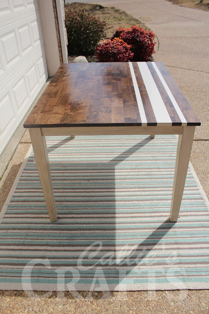 dark walnut stain, chalk painted table, vintage and modern style, grainsack striped table