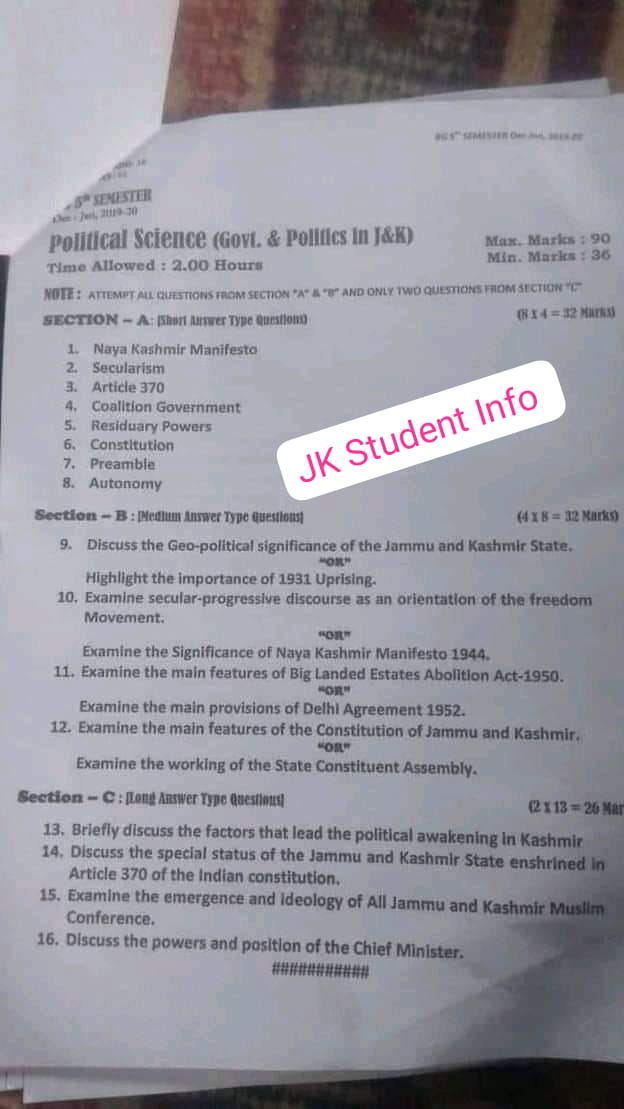Kashmir University BG 6th Sem Govt and Politics in Jammu and Kashmir Previous Year Question Paper available.