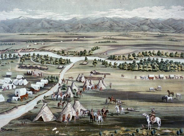 A lithograph of the Denver City mining camp in 1859.