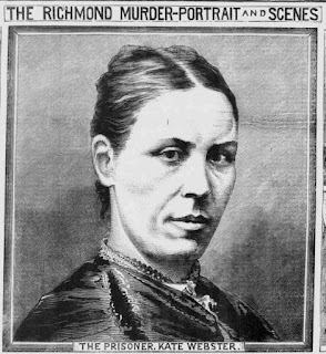 Black and white printed newspaper illustration (drawing) portrait of a woman in Victorian dress, hatless, with severe hairstyle and serious expression looking directly at the viewer. Captions read 'The Richmond Murder: Portraits and Scenes' and 'The prisoner, Kate Webster'.