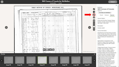 Screen capture from Ancestry of the 1861 Census of Canada record image page for McMullen found in Canada West > Lanark with an arrow pointing to a circled wrench icon representing the Tool menu on the right side of the image display pane.