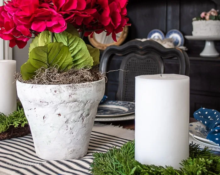 pink hydrangeas in stone flower pot