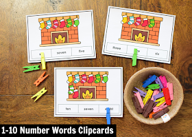Kindergarten Math Center for December: 1-10 Number Word Clipcards