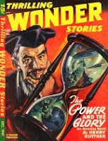 Cover image of the magazine Thrilling Wonder Stories, December 1947 issue. It is a painting by Earle Bergey illustrating the story The Timeless Tomorrow by Manly Wade Wellman.