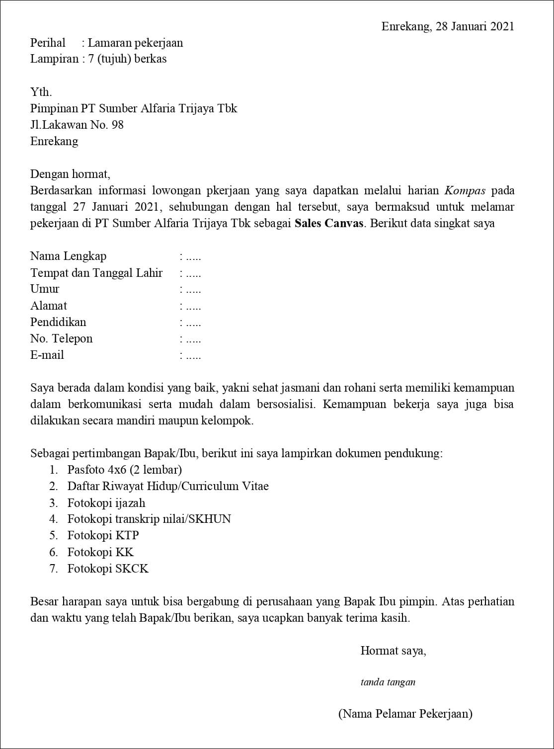 Contoh Application Letter Sales Canvas (Fresh Graduate)