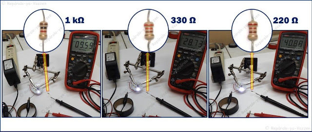 Al probar un Led SMD con una fuente de voltaje, usar diferentes valores de resistencias.