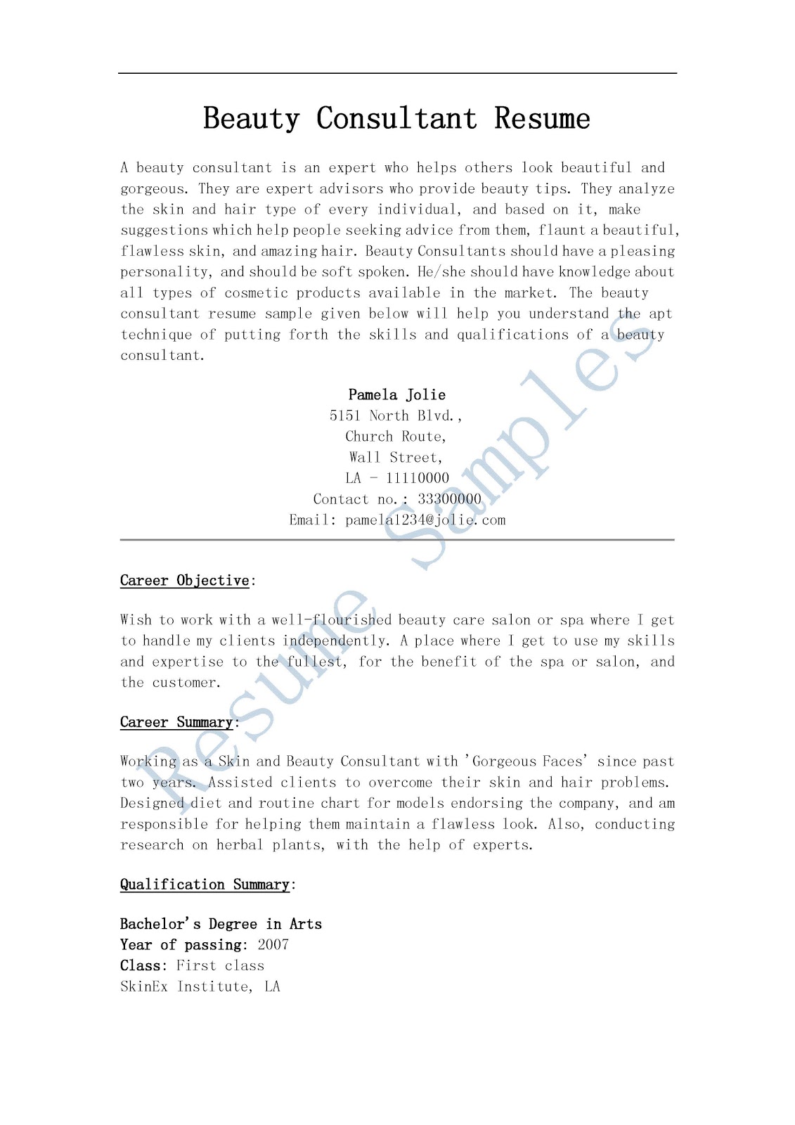 Resume Samples: Beauty Consultant Resume