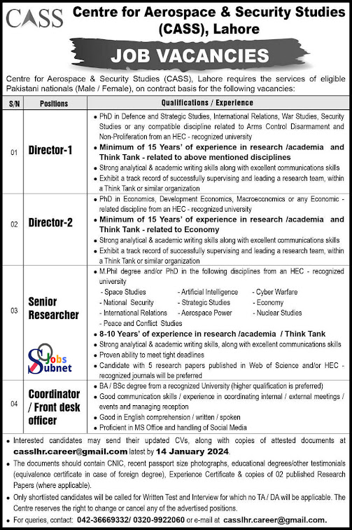 Today Government Centre Of Aerospace & Securities Studies Jobs 2024 in Lahore
