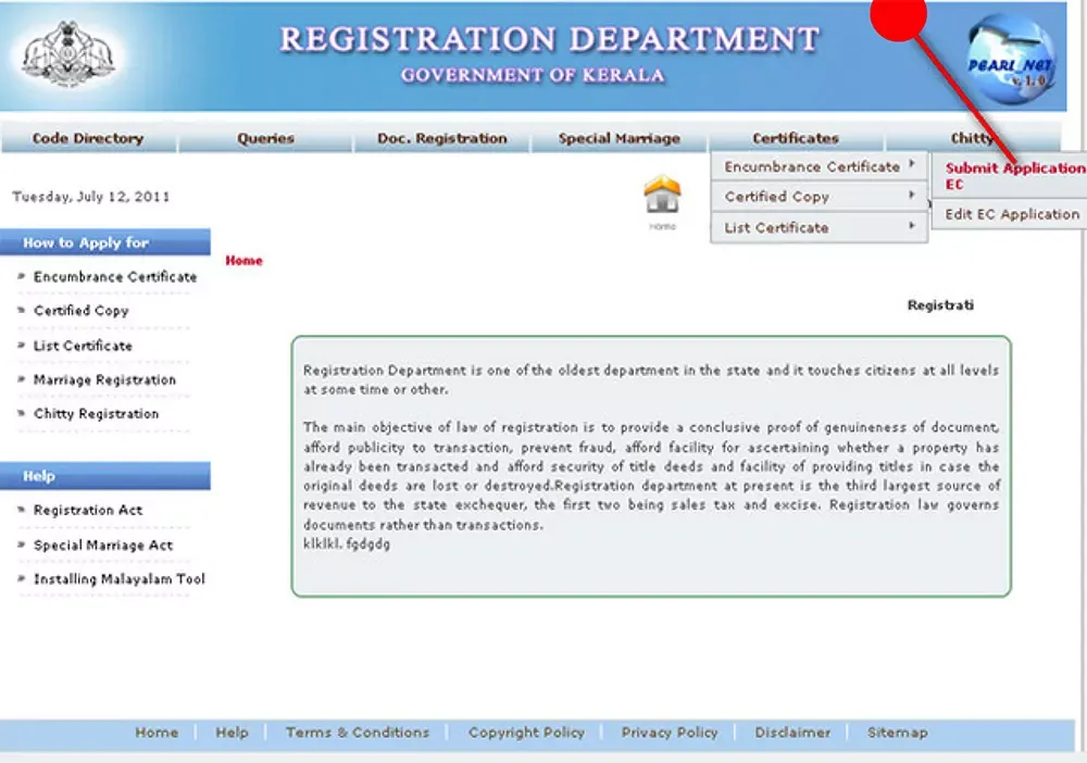 Application page Encumbrance Certificate