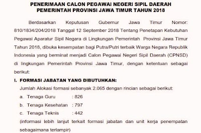 Pengumuman deretan penerimaan Calon Pegawai Negeri Sipil  Pengumuman Formasi CPNS 2018 Jawa Timur