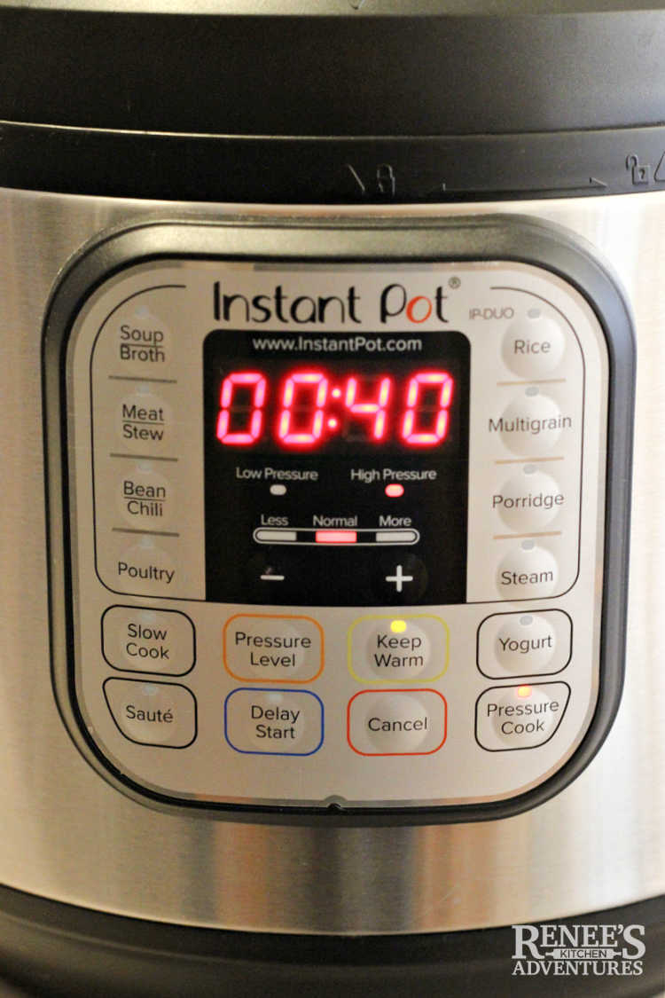 Front of Instant Pot showing settings for Instant Pot Country Style Ribs