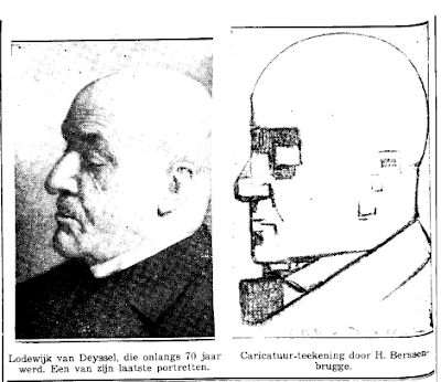 Links: Lodewijk van Deyssel, die onlangs 70 jaar werd. Een van zijn laatste portretten. Rechts: Caricatuur-tekening door H. Berssenbrugge.