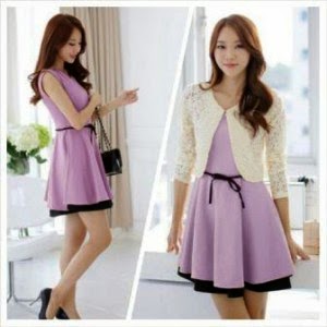 dress Korea murah online bahan twiscone+cardy brukat warna soft ungu