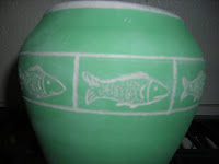 Green Jar with Fish Etching Pre-Fired