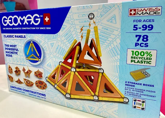 A box showing the new packaging of GEOMAG Classic panels which will be made from recycled plastic going forwards