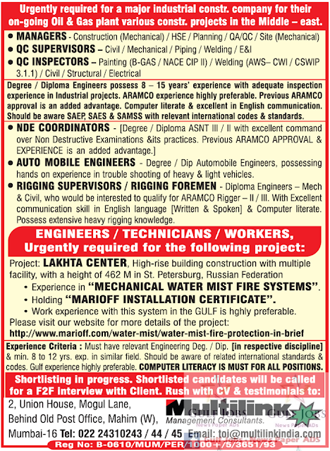 Oil & Gas Plant construction project Jobs for Middle East
