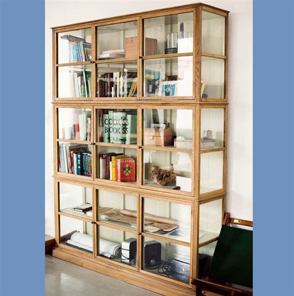 wood bookcase with glass shelves