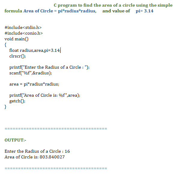 C program to find the area of a circle