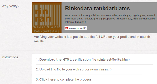 Pinterest verslo interneto svetainės adreso patvirtinimas