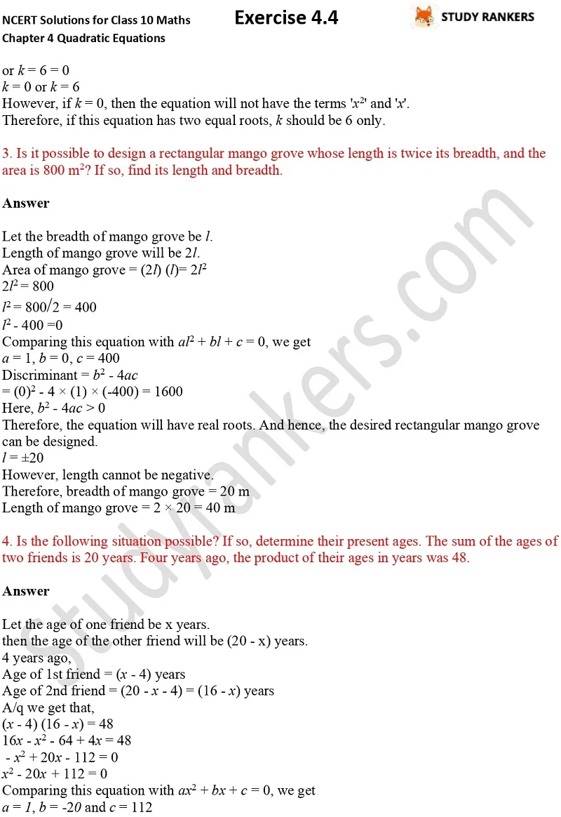 NCERT Solutions for Class 10 Maths Chapter 4 Quadratic Equations Exercise 4.4 Part 3