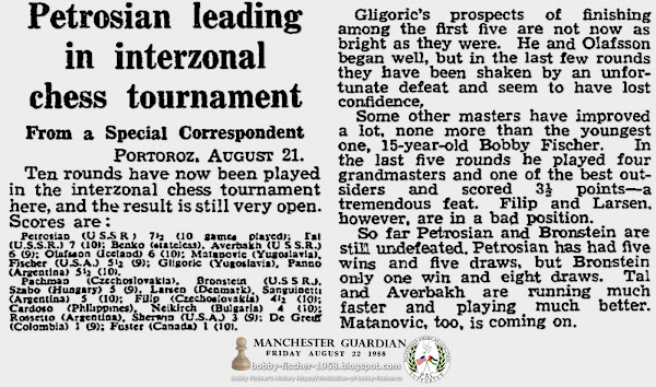 Petrosian leading in interzonal chess tournament; Bobby Fischer's Tremendous Feats