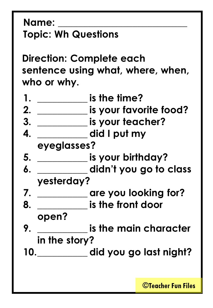 wh questions for first grade wh questions worksheet by enlighten by
