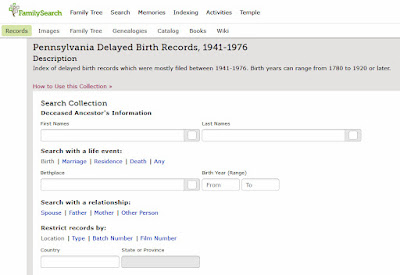 Post about Pennsylvania Delayed Birth Certificates at FamilySearch