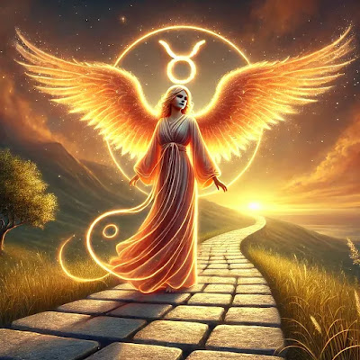 A glowing angel standing near a stone pathway, symbolizing Taurus’ steady progress toward success and spiritual fulfillment.