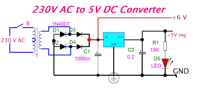230V AC to 5V DC Converter Circuit diagram