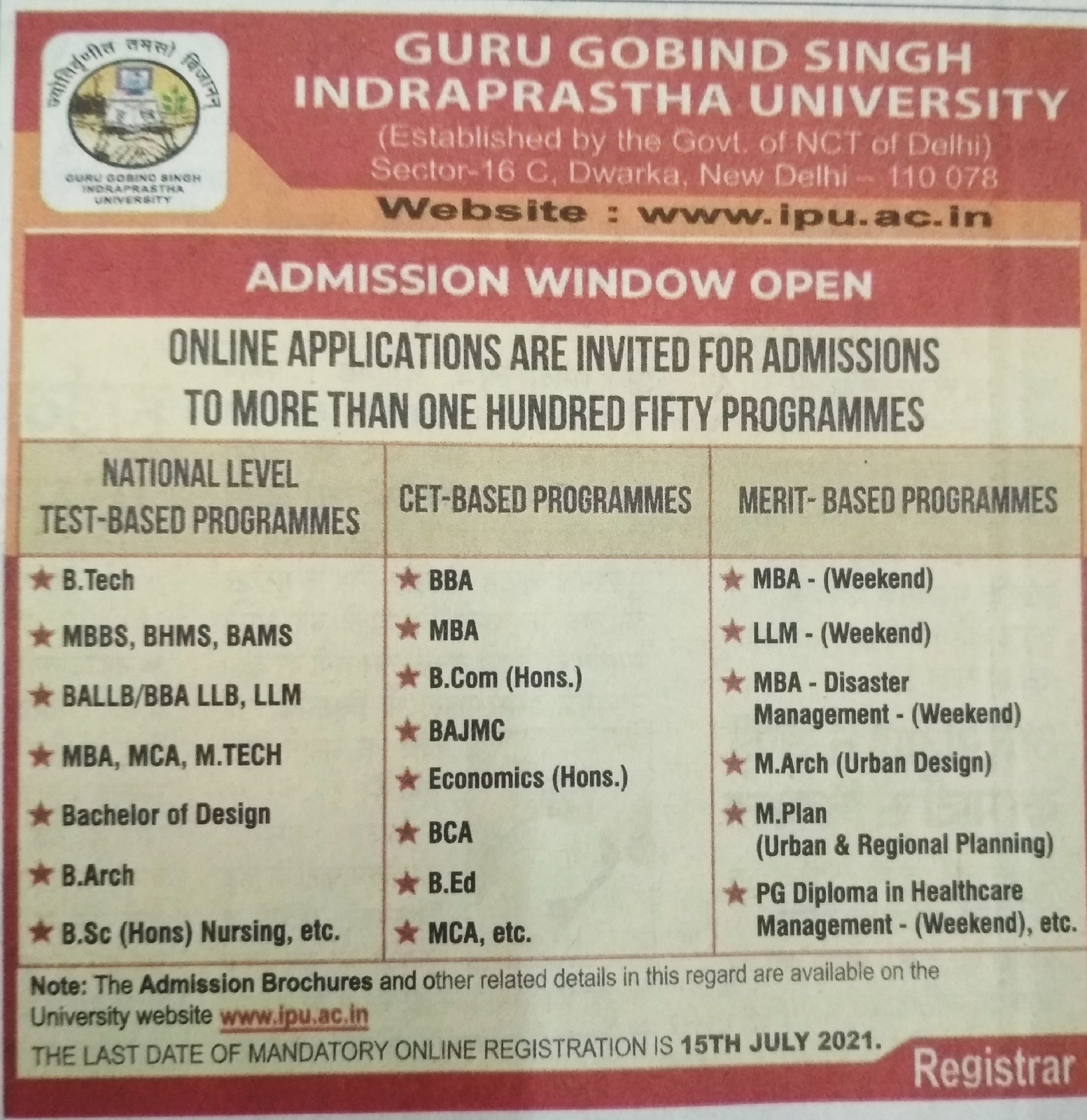 Guru Govind Singh Indraprastha University Dwarka Delhi Admission Notification For 21 22 Uttrainfo उत तर इ फ