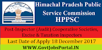 Himachal Pradesh Subordinate Allied Services Examination Recruitment-2017 86 Inspector (Audit) Cooperative Societies, Excise & Taxation Inspectors