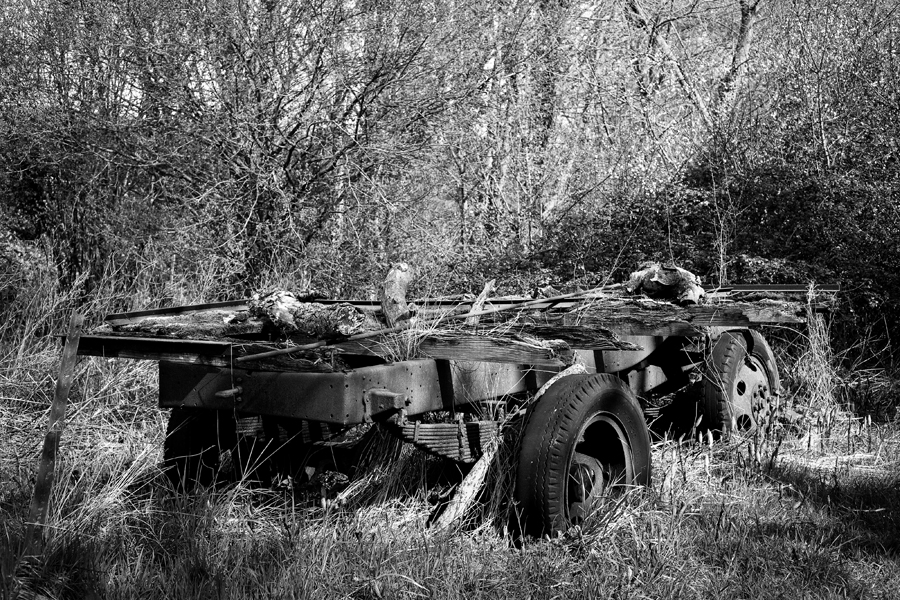 black and white photograph of old trailer